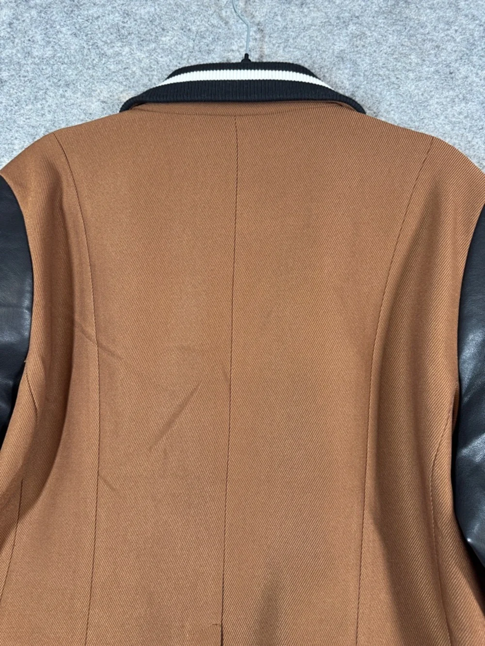 FDJ Brown Wool Blend Varsity Jacket Black Faux Leather Sleeves Preppy Chic XL - Picture 14 of 16